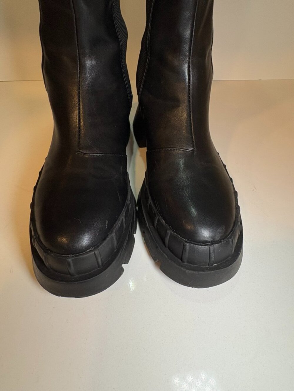 KURU Black Knee High Chunky Lug Sole Stretch Boots Women's Size 8 Edgy Platform - Picture 5 of 14